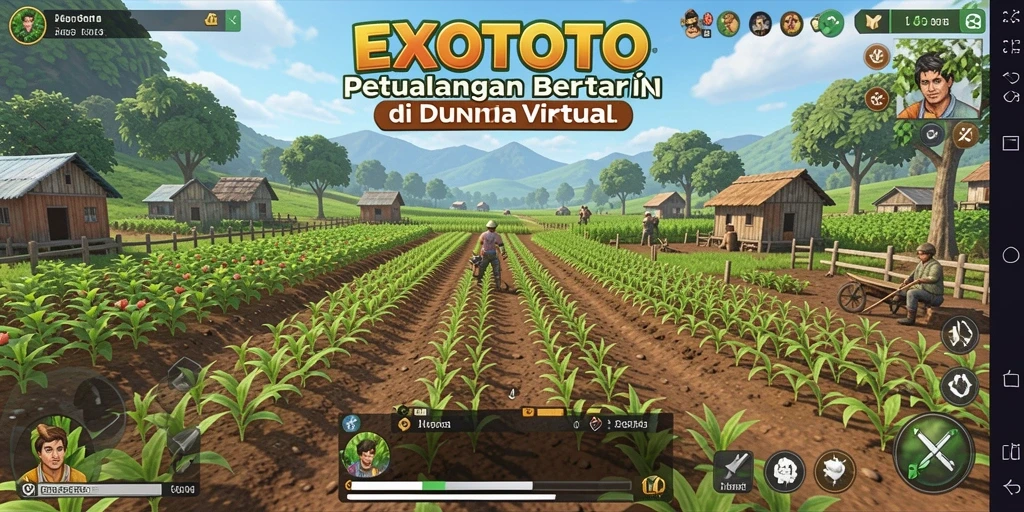 Tangkapan layar gameplay EXOTOTO menampilkan suasana bertani yang penuh warna.