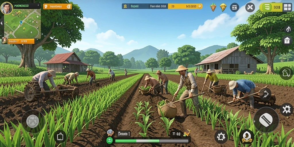 Tangkapan layar gameplay POHONEMAS33 yang menunjukkan kebun yang subur.