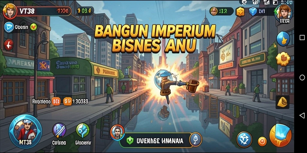 Screenshot gameplay VT38 yang menampilkan aktivitas bisnis yang dinamis.